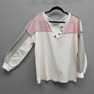 BiBi Shirt Womens Medium Multicolor Colorblock Henley Balloon Sleeve Top